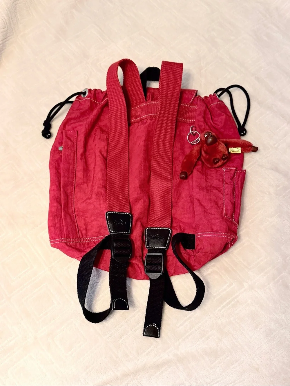 Kipling Vintage 90s Y2K Red & black Drawstring Backpack bag With monkey Keychain